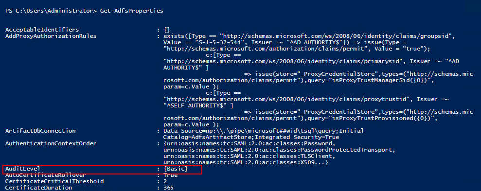 Screenshot dell'esempio del comando PowerShell Get-AdfsProperties.