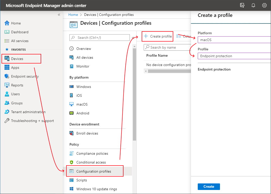 Screenshot di Create a profile in Devices Configuration profiles for mac OS (Creare un profilo in Dispositivi profili di configurazione per mac OS).