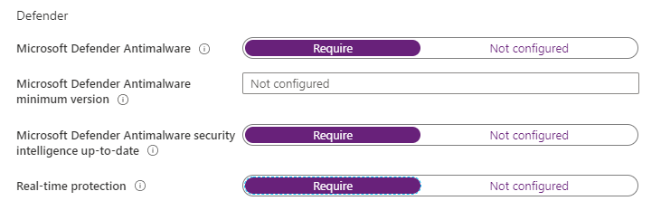 Screenshot delle Microsoft Defender per il cloud nelle impostazioni dei criteri di conformità di Windows 10.