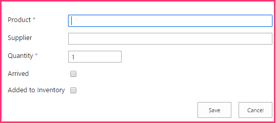 The item creation form for the Expected Shipments list. With fields for Product, Supplier, Quantity, Arrived, and "Added to Inventory". Asterisks by the titles of Product and Quantity and default value of one for Quantity.