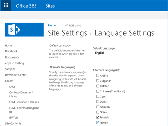 Screenshot that shows the language settings for a site.