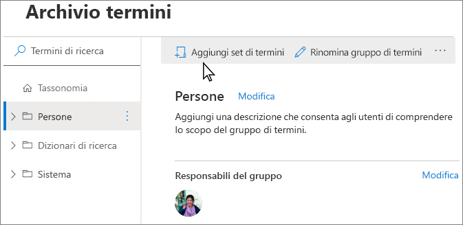 Nello strumento di gestione archivio termini è possibile selezionare gli elementi nel riquadro di spostamento per aprire un menu