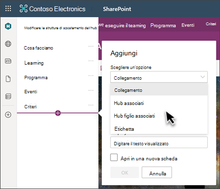 Immagine della sezione di spostamento in un sito di SharePoint in modalità di modifica