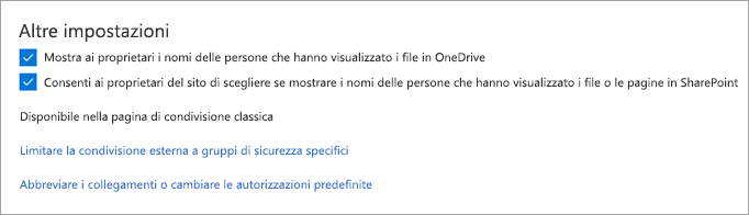 Screenshot di altre impostazioni di condivisione.