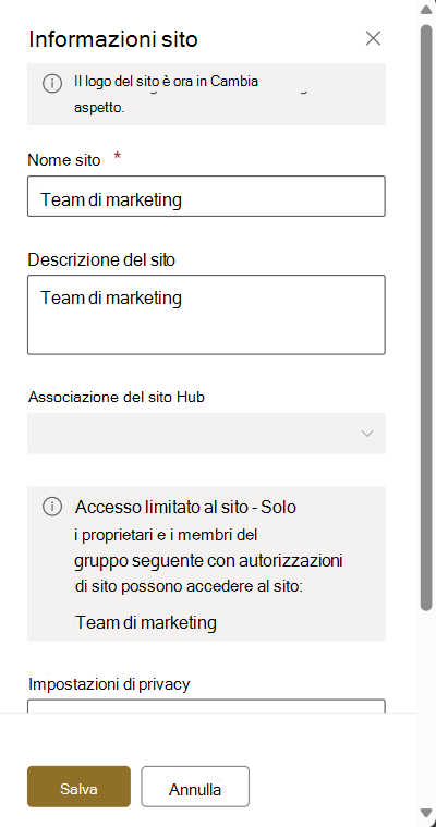 screenshot della pagina delle informazioni sul sito per il controllo degli accessi con restrizioni.