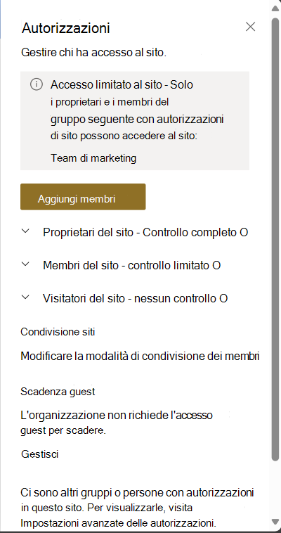 screenshot della pagina delle autorizzazioni del sito per il controllo degli accessi con restrizioni.