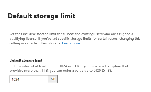 Limite di archiviazione predefinito nell'interfaccia di amministrazione di SharePoint