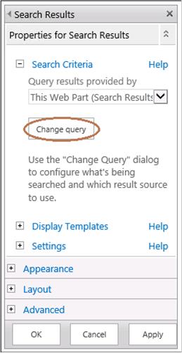 Schermata del pulsante Cambia query nel riquadro degli strumenti della web part Risultati di ricerca
