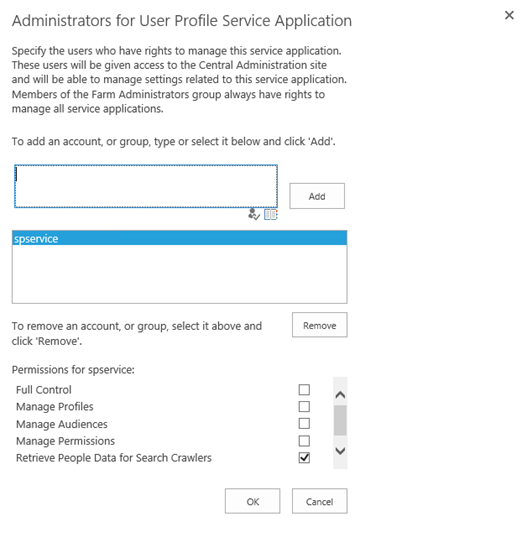 Screenshot della pagina Administrators for User Profile Service Application (Amministratori per l'applicazione del servizio profili utente).