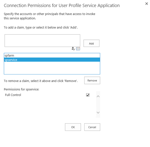 Screenshot della pagina Autorizzazioni di connessione per l'applicazione del servizio profili utente.