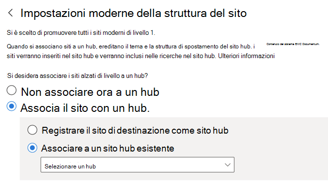 immettere il nome di un hub esistente a cui associare i siti