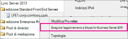 Schermata del menu di scelta rapida con l'opzione di aggiornamento per Lync Server 2013.