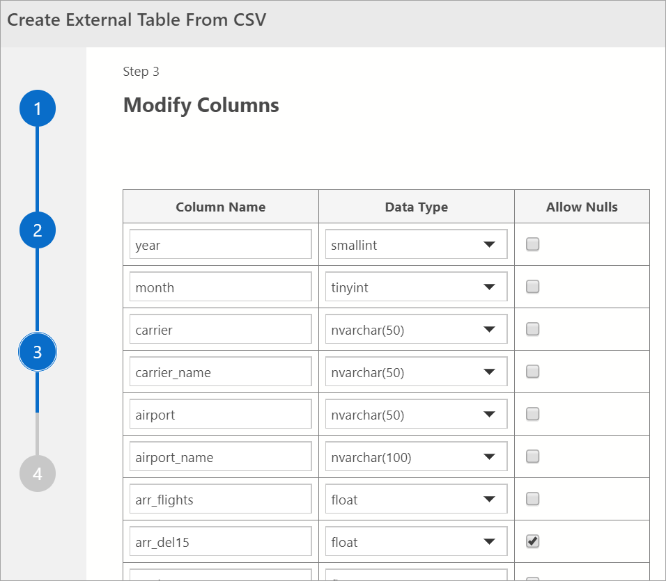 Screenshot della finestra per la creazione di una tabella esterna da CSV che mostra il passaggio 3 per la modifica delle colonne.