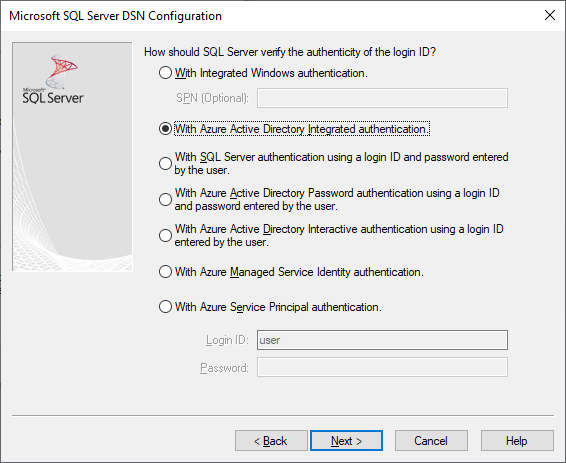 Schermata di creazione e modifica del DSN con autenticazione integrata di Microsoft Entra selezionata.