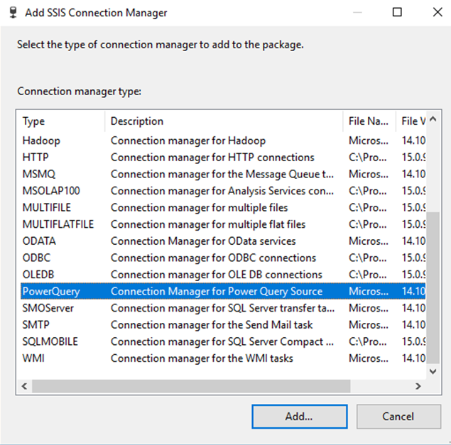 Finestra di dialogo Aggiungi gestione connessione SSIS origine PQ