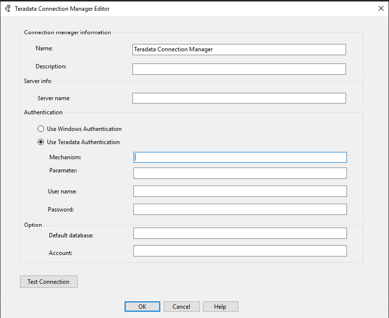 Riquadro Editor gestione connessione Teradata