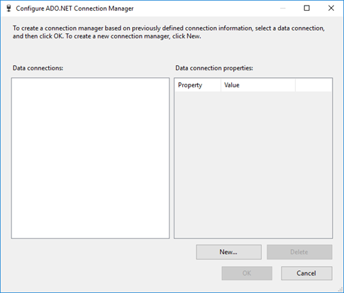 Screenshot della finestra di dialogo Configura gestore di connessione ADO.NET. I controlli sono disponibili per l'impostazione e la configurazione dei gestori di connessione.