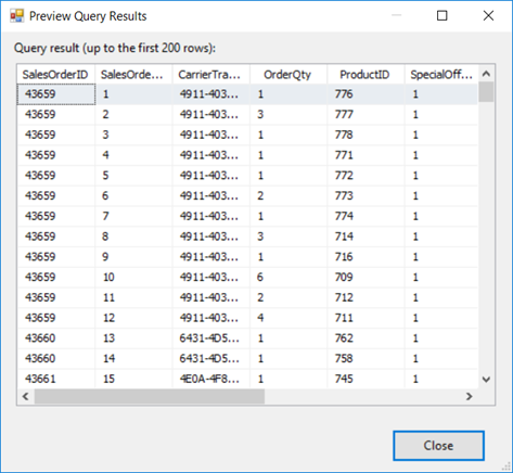 Screenshot della finestra di dialogo dell'Anteprima dei risultati della query. Sono visibili diverse righe di dati di vendita dalla tabella di origine.