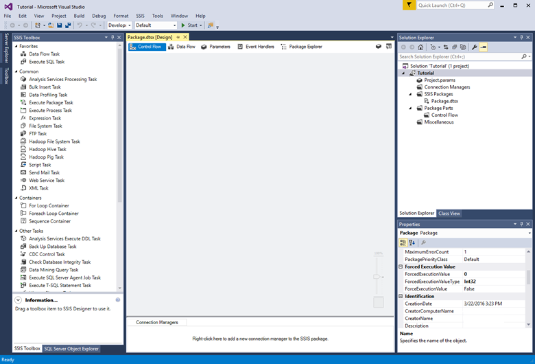 Screenshot di Visual Studio che mostra il riquadro Casella degli strumenti, il riquadro progettazione, il riquadro Esplora soluzioni e il riquadro Proprietà.