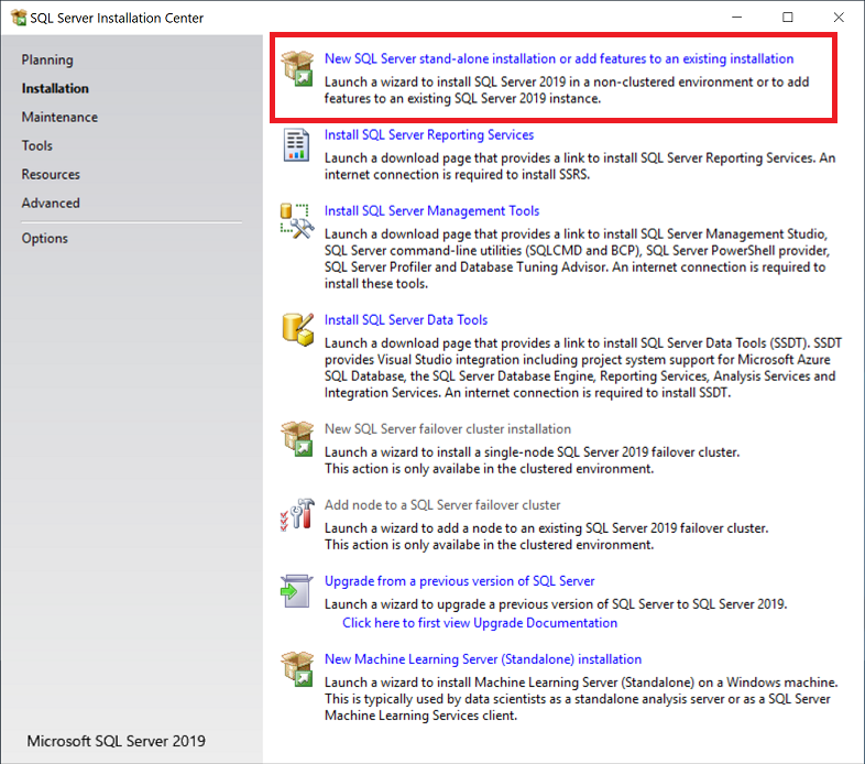 Screenshot che mostra l'opzione per l’uso di una nuova installazione autonoma di SQL Server o l'aggiunta di funzionalità a un'installazione esistente.