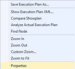 Screenshot di SQL Server Management Studio che indica dove fare clic con il pulsante destro del mouse sulle Proprietà di un operatore di piano.