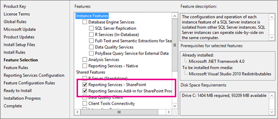 Screenshot della pagina di selezione delle funzionalità con le opzioni Reporting Services - SharePoint e Componente aggiuntivo Reporting Services per prodotti SharePoint selezionate.