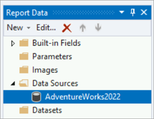 Screenshot del riquadro Dati report che evidenzia l'origine dati AdventureWorks2022.