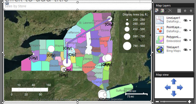 Screenshot che mostra il livello sezione aereo di Bing Maps aggiunto alla mappa di Generatore report.