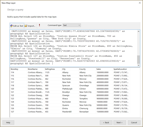 Screenshot del passaggio Progetta query della creazione guidata Nuovo livello mappa.