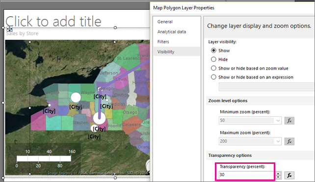 Screenshot che mostra come impostare la trasparenza di un livello della mappa di Generatore report.