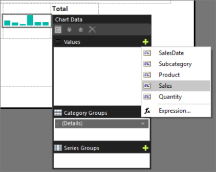 Screenshot che mostra come aggiungere valori al grafico sparkline di Generatore di report.