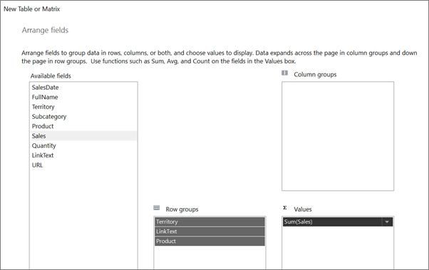 Screenshot che mostra come disporre i campi di testo in Generatore di report.