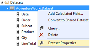 Screenshot del menu contestuale di AdventureWorksDataset che evidenzia l'opzione Proprietà set di dati.