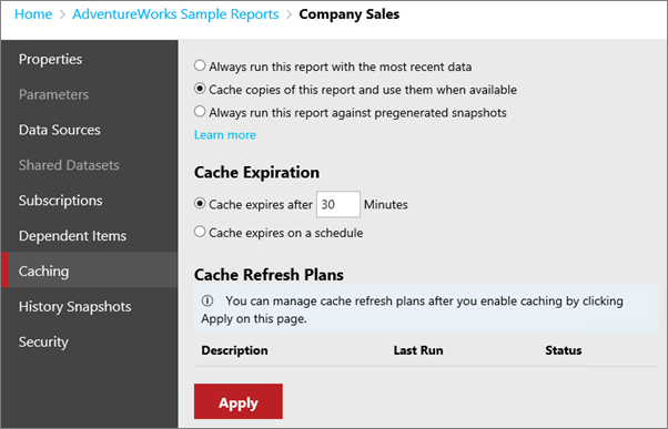 Screenshot che mostra la schermata Caching della finestra di dialogo Edit Company Sales con l'opzione Copie memorizzate nella cache di questo report e usarle quando disponibili selezionata.