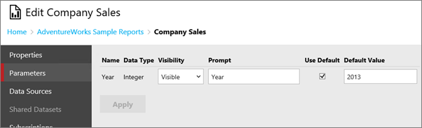 Screenshot che mostra la schermata Parametri della finestra di dialogo Edit Company Sales.