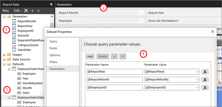 Screenshot che mostra Generatore report evidenziazione del riquadro Dei dati del report, del riquadro Parametri e della finestra di dialogo Proprietà set di dati.