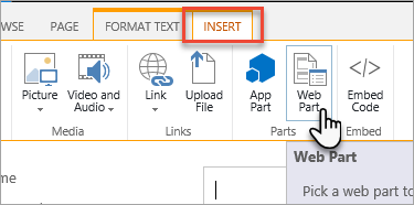 Screenshot di Inserisci una web part dalla barra multifunzione di Office.