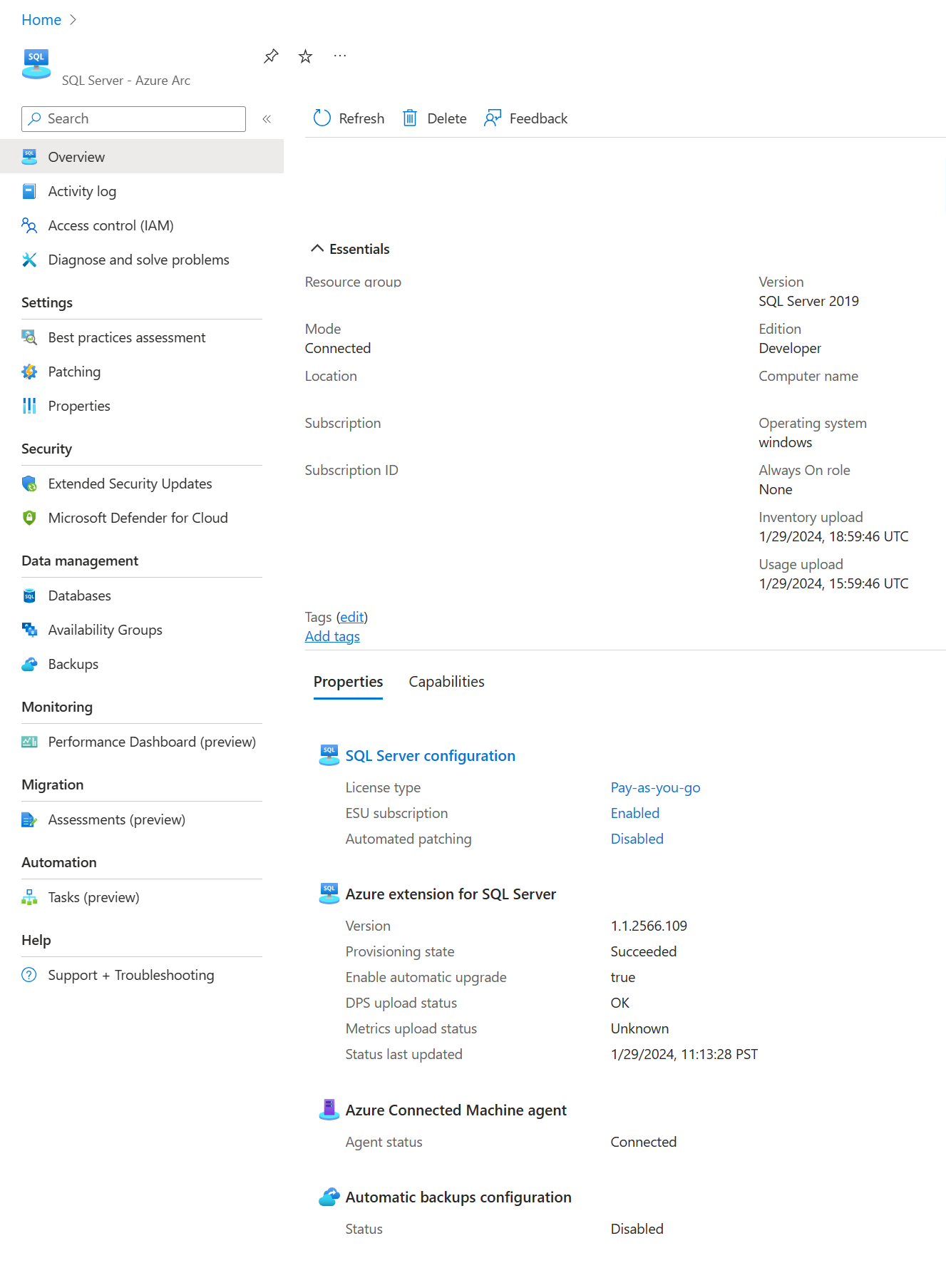 Screenshot della convalida di un SQL Server connesso.