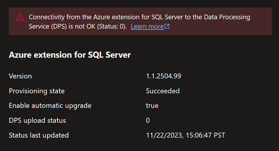 Screenshot del portale per l'estensione di Azure per SQL Server in uno stato non integro.