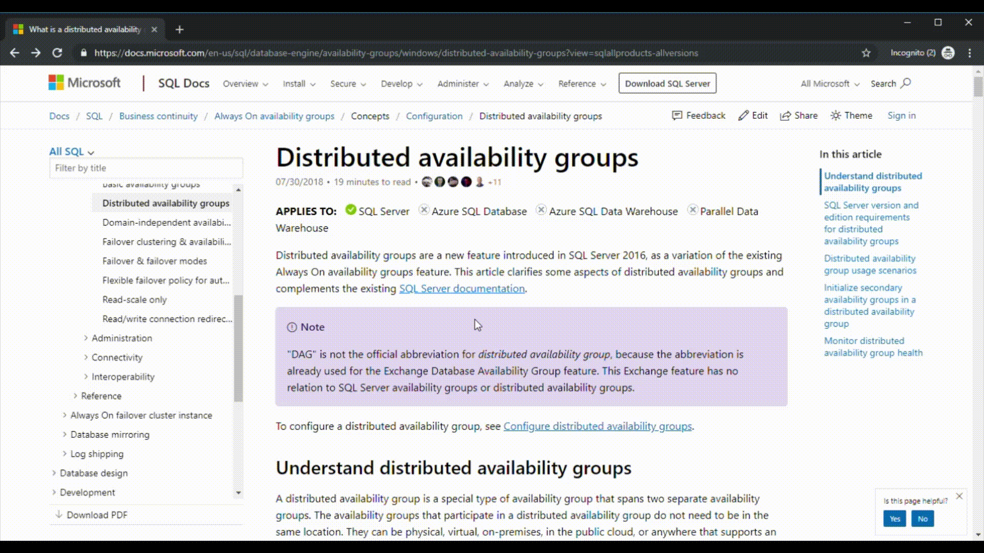 Screenshot che mostra i percorsi di navigazione della documentazione SQL.