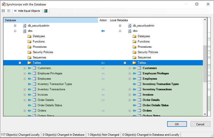 Screenshot che mostra la revisione della sincronizzazione con il database.