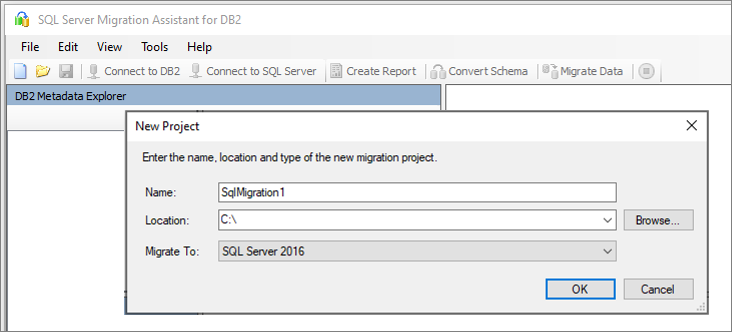 Screenshot del riquadro New Project in SSMA per DB2.