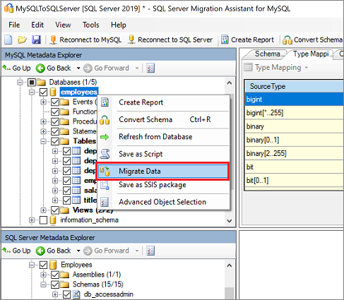 Screenshot che mostra l’opzione Migrate Data.