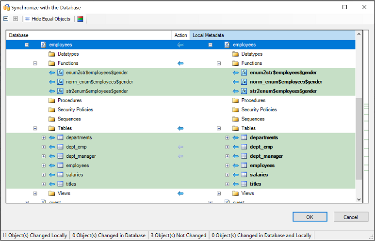 Screenshot che mostra la revisione della sincronizzazione con il database.