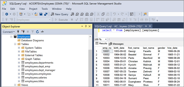 Screenshot che mostra la convalida in SQL Server Management Studio.