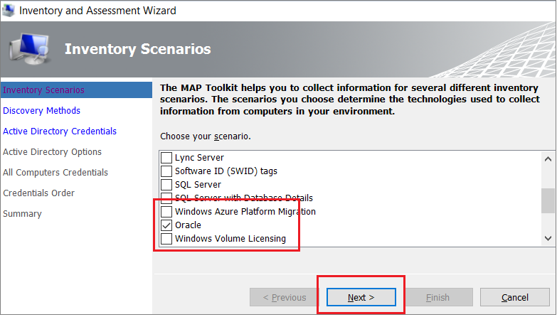 Screenshot dell'opzione Oracle e del pulsante Next in Inventory and Assessment Wizard.