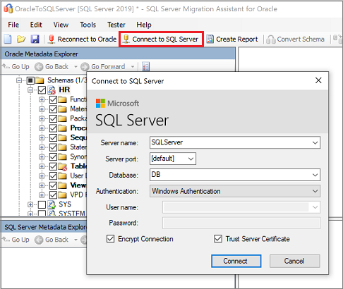 Screenshot del riquadro Connect to SQL Server in SSMA per Oracle.