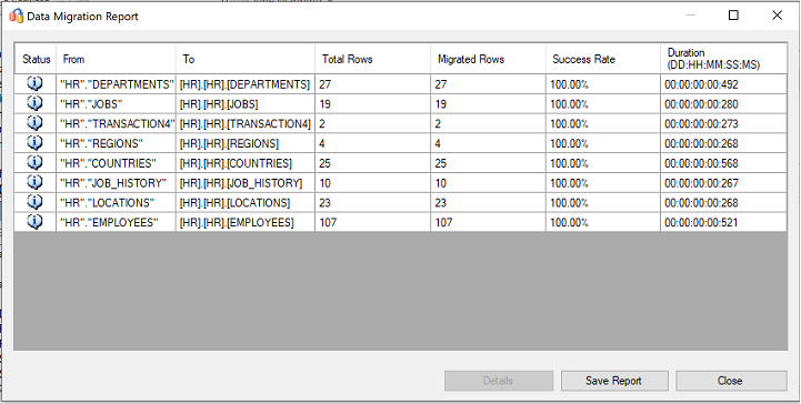 Screenshot del report di migrazione dei dati.