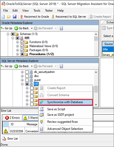 Screenshot del comando 'Sincronizza con database' nel riquadro Visualizzatore metadati SQL Server.