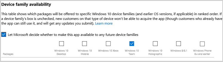 Immagine della pagina Disponibilità famiglia di dispositivi - parte del processo di invio dell'app a Microsoft Store.